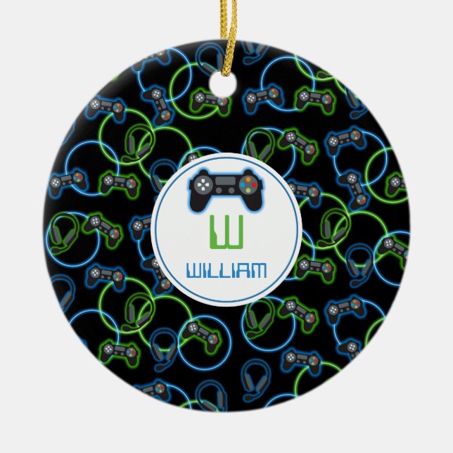 Video Game Neon Blue & Green Muster Monogram Keramik Ornament (Vorne)