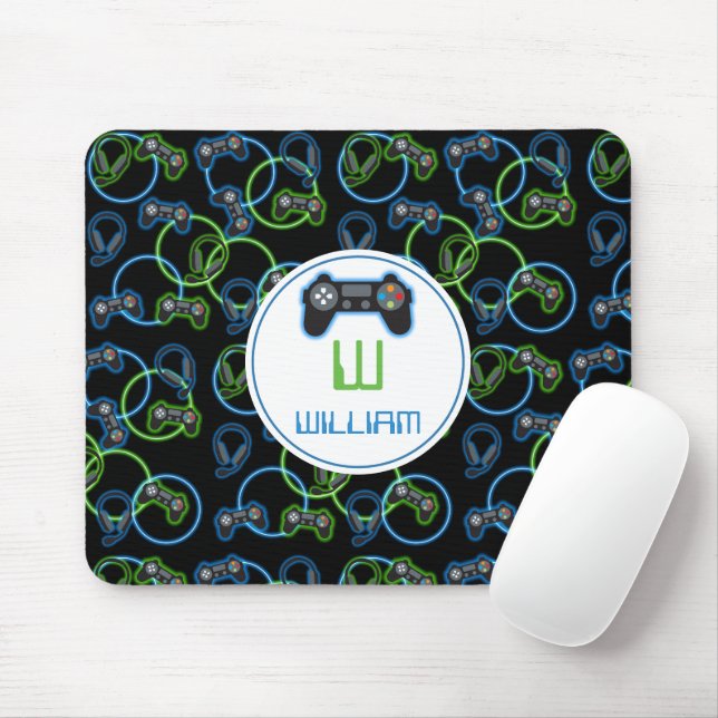 Video Game Neon Blue & Green Muster Monogram Mousepad (Mit Mouse)