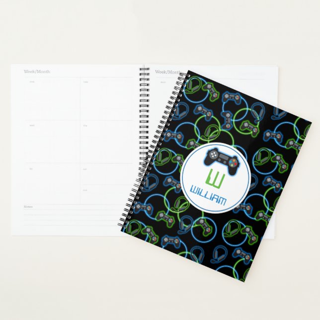 Video Game Neon Blue & Green Muster Monogram Planer (Anzeige)