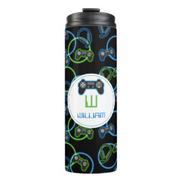 Video Game Neon Blue & Green Muster Monogram Thermosbecher