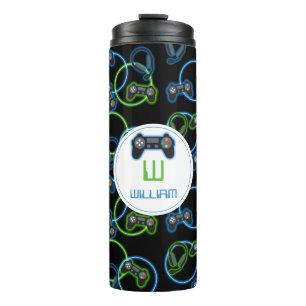 Video Game Neon Blue & Green Muster Monogram Thermosbecher