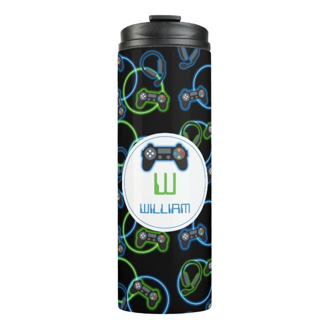 Video Game Neon Blue & Green Muster Monogram Thermosbecher (Vorderseite)
