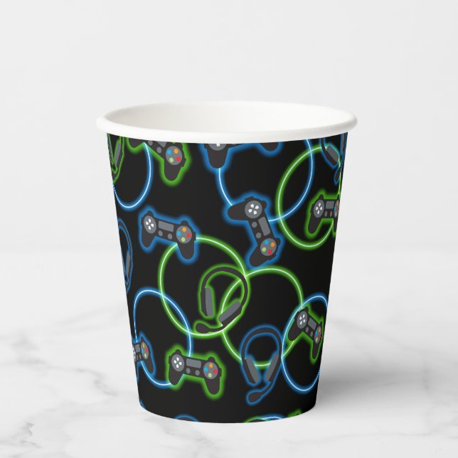Video Game Neon Blue & Green Muster Pappbecher (Vorderseite)