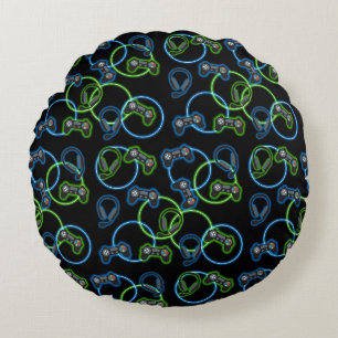 Video Game Neon Blue & Green Muster Rundes Kissen