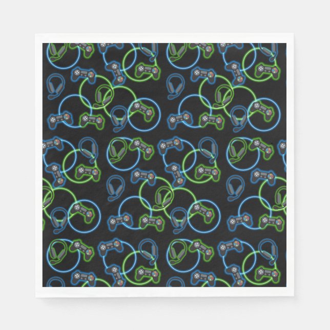 Video Game Neon Blue & Green Muster Serviette (Vorderseite)