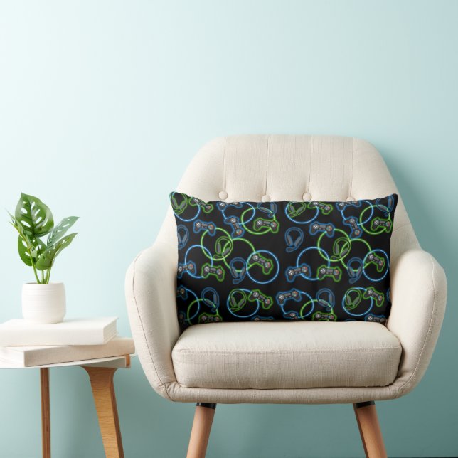 Video Game Neon Blue & Green Pattern  Lendenkissen (Stuhl )
