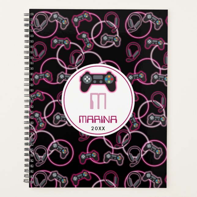 Video Game Neon Pink Girls Muster Monogram Planer (Vorderseite)