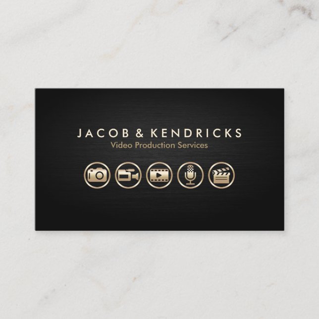 Video Production Services Gold Icons Black Metal Visitenkarte (Vorderseite)