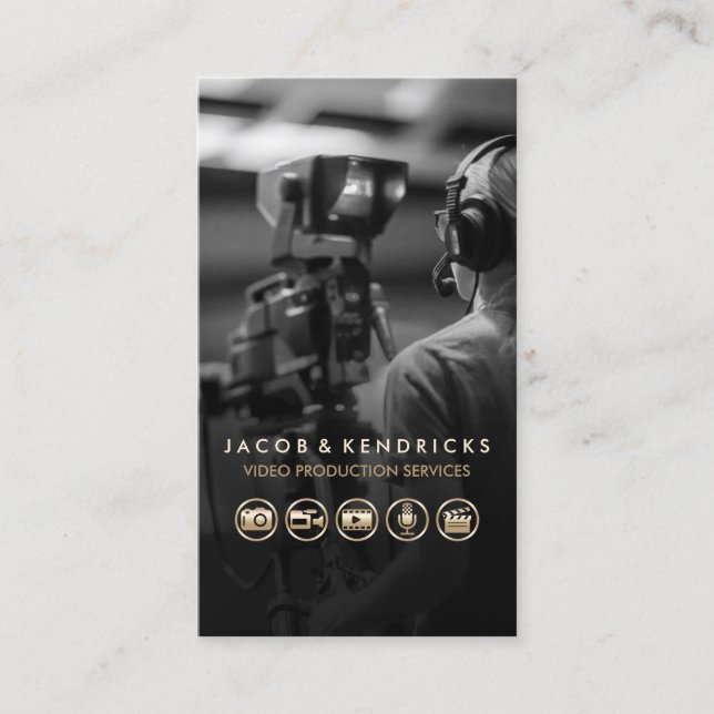 Video Production Services Gold Icons Blue Metal Visitenkarte (Vorderseite)