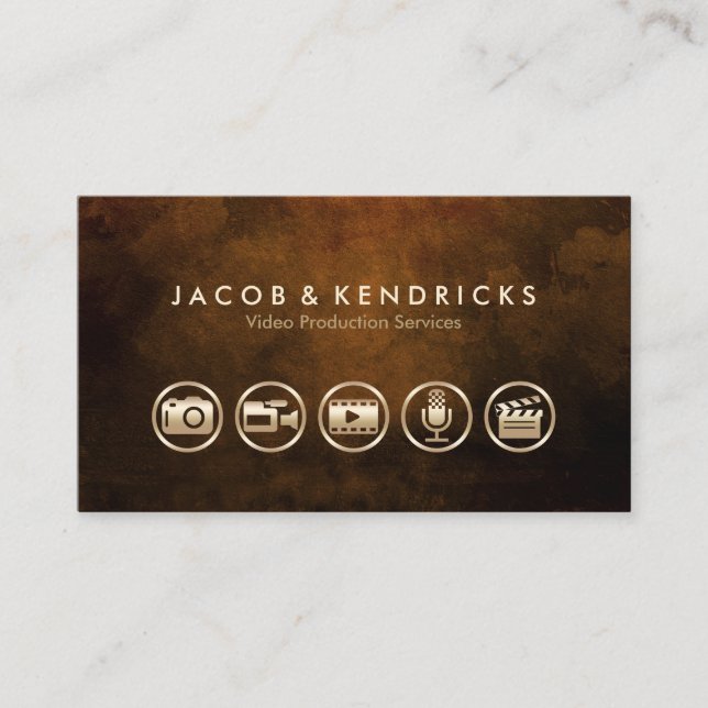 Video Production Services Gold Icons Brown Grunge Visitenkarte (Vorderseite)
