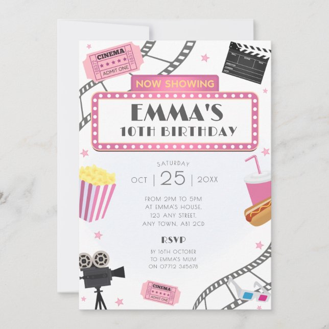 Vidéo rose Nuit Anniversaire Fête Invitation Ciném (Devant)