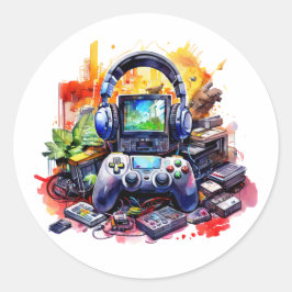 Videocontroller und Kopfhörer Runder Aufkleber
