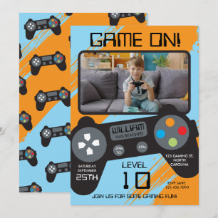 Videospiel Blau Orange Cooler Junge Foto Geburtsta Einladung