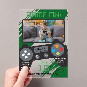 Videospiel Grün Cooler Junge Foto Geburtstagsfeier Acryleinladungen