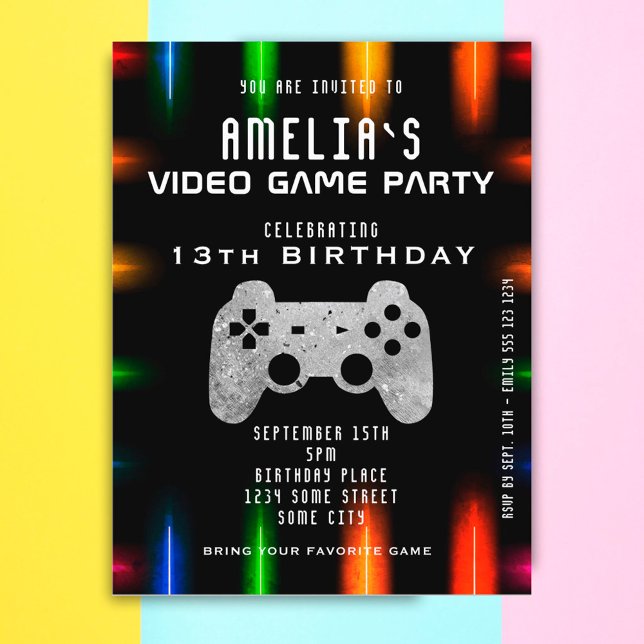 Videospielcontroller Neon Gaming Geburtstag Einladungspostkarte (Von Creator hochgeladen)