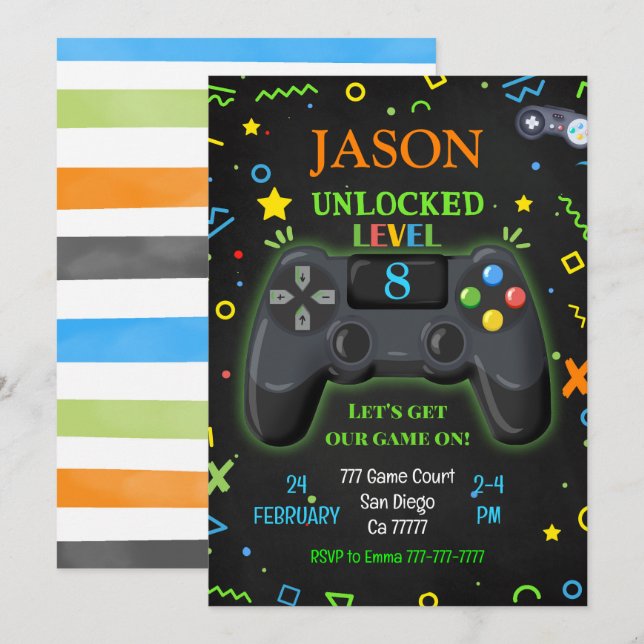Videospiele Einladung zum Geburtstag (Vorne/Hinten)