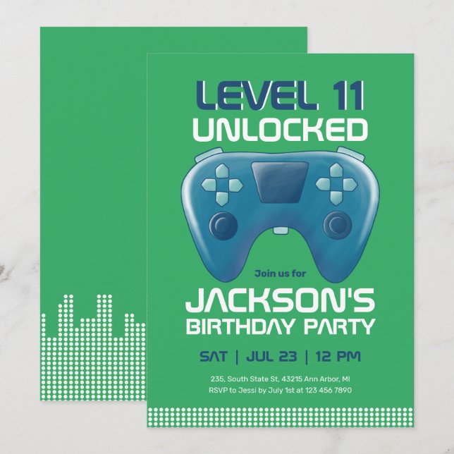 Videospiele-Level Game Uncked Green Gamer Geburtst Einladung (Vorne/Hinten)