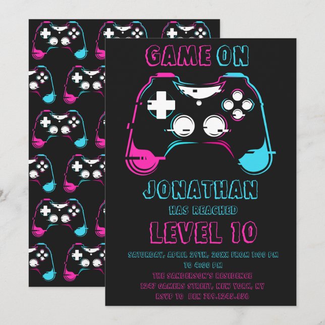 Videospiellevel-up Gamer Geburtstagsparty Einladung (Vorne/Hinten)