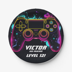 Videospiellevel-Up-Gamer Neon Geburtstag Pappteller