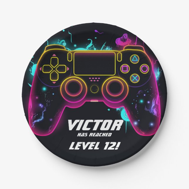 Videospiellevel-Up-Gamer Neon Geburtstag Pappteller (Vorderseite)