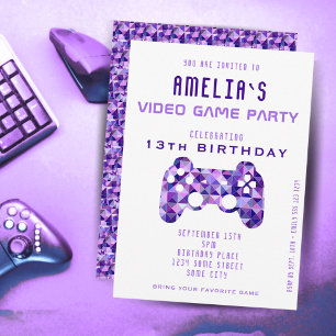 Videospielparty Lila Controller Gaming Geburtstag Einladung
