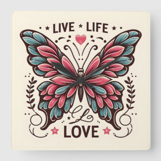 Vie Amour Carré Butterfly Horloge murale