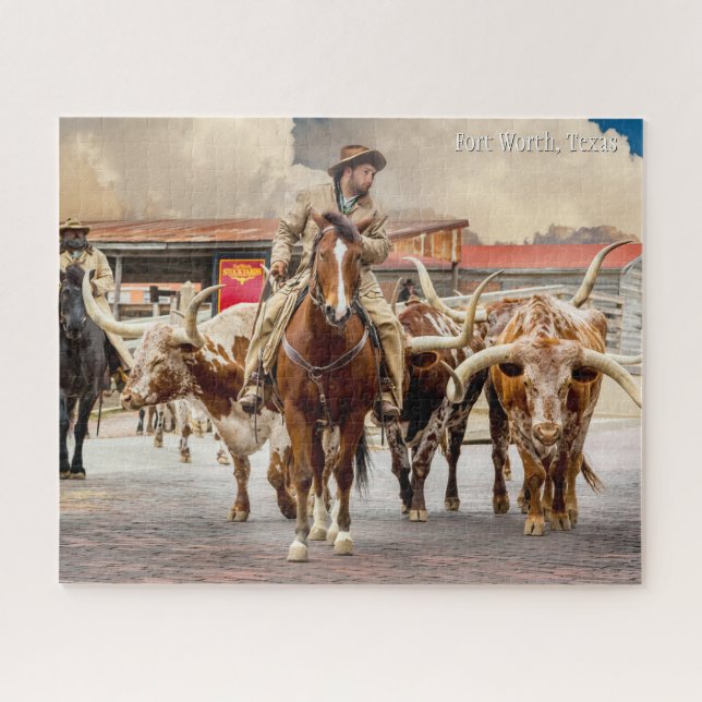 Viehhaufen, Langhirne und Cowboys, Fort Worth, TX (Horizontal)