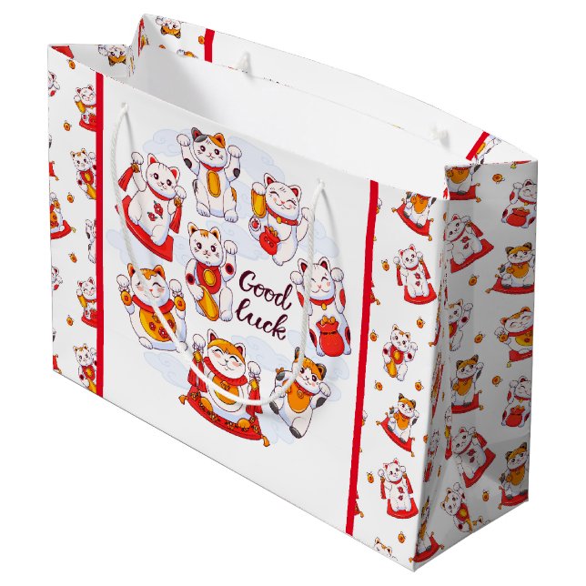 Viel Glück Maneki Neko Cat Geschenktasche Große Geschenktüte (Rückseite Schrägansicht)