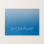 Viel Glück Name Skript für Blue Gradient Funny<br><div class="desc">Das Jigsaw-Puzzle mit hellblauer bis dunkelblauer Farbskala enthält "Viel Glück,  [NAME]" in einem Schriftart mit weißem Skript am unteren Rand. Personalisieren Sie den lustigen Text in der Sidebar. Das ist ein großartiges Geschenk für jemanden,  der eine Herausforderung Liebe. Copyright ©Claire E. Skinner. Alle Rechte vorbehalten.</div>