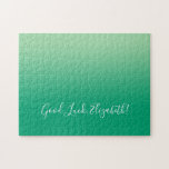 Viel Glück Name Skript für Green Gradient Funny<br><div class="desc">Das Jigsaw-Puzzle mit hellgrünem bis dunkelgrünem Gradienten enthält "Viel Glück,  [NAME]" in einem Schriftart mit weißem Skript am unteren Rand. Personalisieren Sie den lustigen Text in der Sidebar. Das ist ein großartiges Geschenk für jemanden,  der eine Herausforderung Liebe. Copyright ©Claire E. Skinner. Alle Rechte vorbehalten.</div>