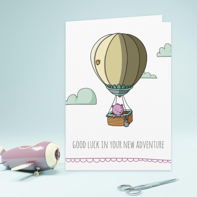 Viel Glück Pink Bear in Hot Balloon Abschied Karte (Graduation or retirement card with a bear in a hot air balloon)