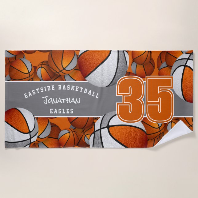 Viele Basketbälle mit orangegrauen Teamfarben Strandtuch (Vorderseite)