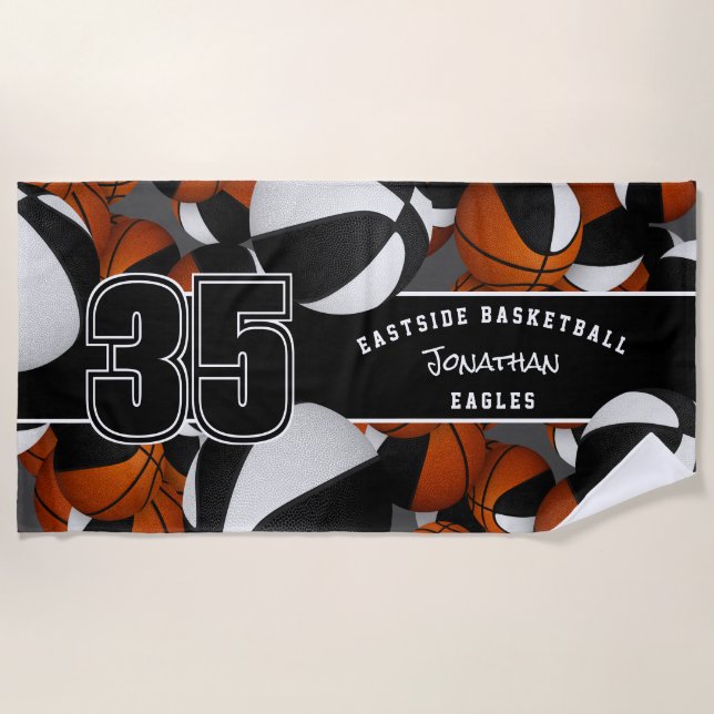 Viele Basketbälle Schwarz-weißer Teamname Strandtuch (Vorderseite)