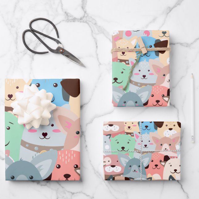 Viele farbenfrohe Hunde Design Geschenkpapier Set (Vorderseite)
