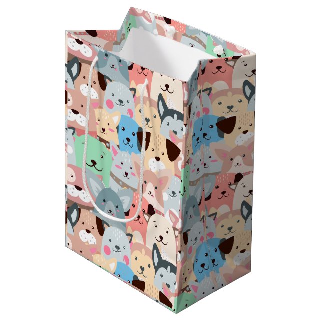 Viele farbenfrohe Hunde Design Mittlere Geschenktüte (Vorderseite Schrägansicht)