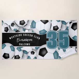 Viele Fußballbälle aquamarine schwarze Mannschafts Strandtuch
