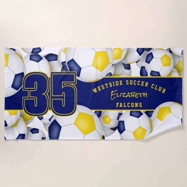 Viele Fußballbälle blau Gold Ende der Saison Gesch Strandtuch (Vorderseite)