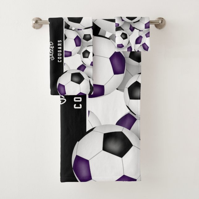 Viele Fußballbälle Mannschaftsgeist lila schwarz Badhandtuch Set (Insitu)