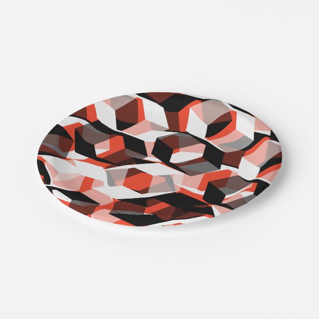 Viele Hexagons mit farblosen Teilen, in klarem Rot Pappteller (Schrägansicht)