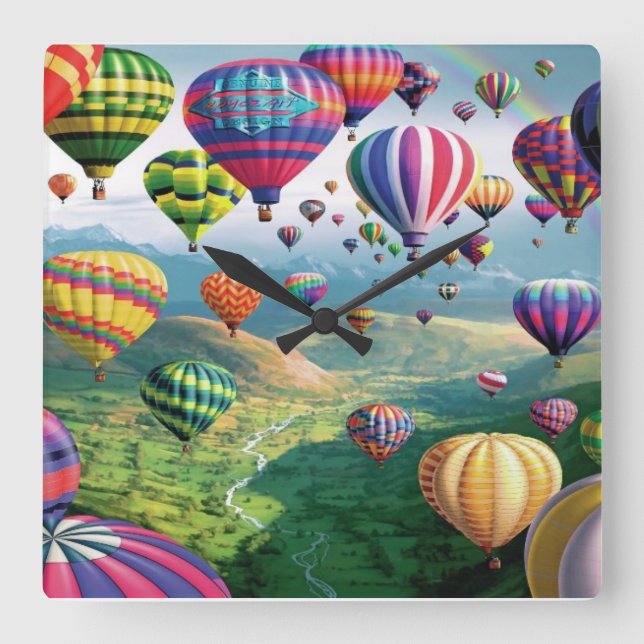 Viele Hot Air Balloons Square Wall Clock Quadratische Wanduhr (Vorderseite)