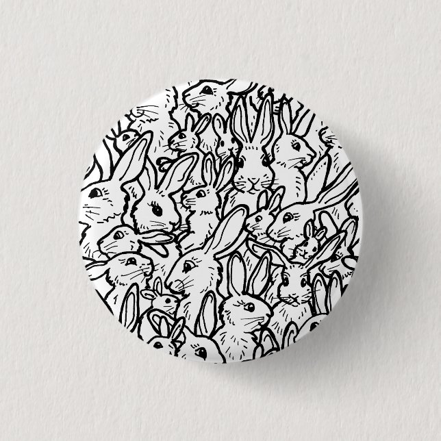 Viele Kaninchen Zeichnete Schwarz & Weiß Spaß Bunn Button (Vorderseite)
