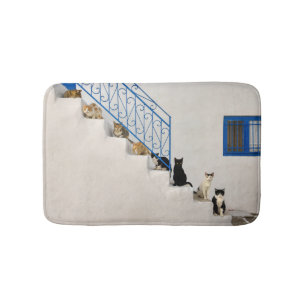 Viele Katzen auf einer weißen Treppe in einem gri Badematte