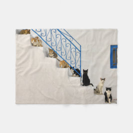 Viele Katzen auf einer weißen Treppe in einem grie Fleecedecke