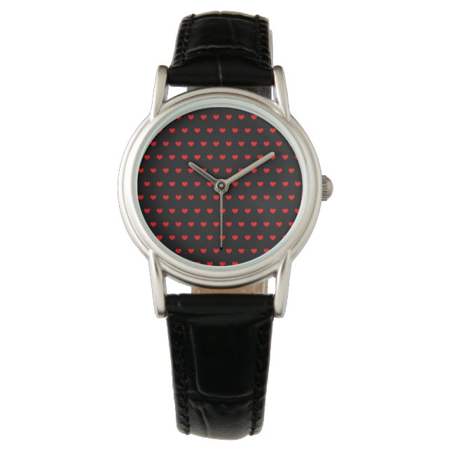 Viele kleine rote Herzen auf schwarz Armbanduhr (Vorderseite)