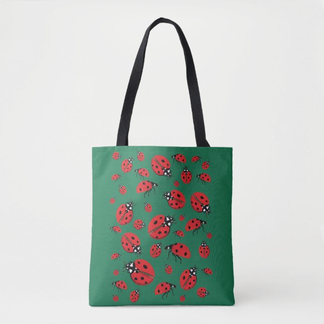 Viele Ladybugs Lucky Pattern Green Tasche (Vorderseite)