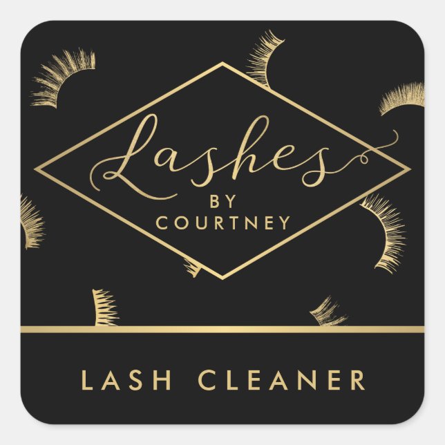 Viele Lashes Muster Lash Salon Schwarz/Gold Quadratischer Aufkleber (Vorderseite)