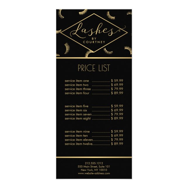 Viele Lashes Muster Lash Salon Schwarz/Gold Werbekarte (Vorne)