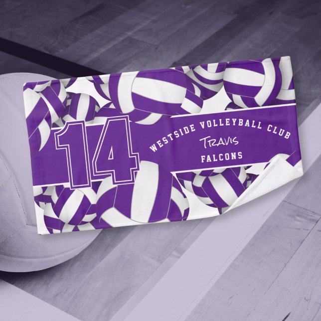 Viele Volleyballs lila, weiße Mannschaftsfarben Handtuch (Von Creator hochgeladen)