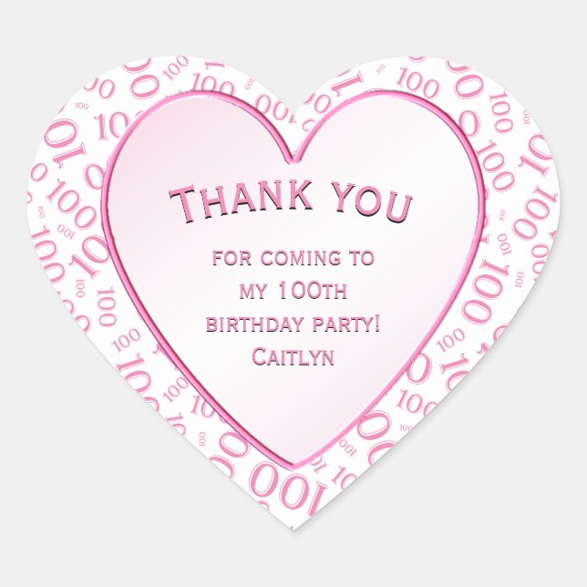 Vielen Dank - 100. Pink/White Number Pattern Herz-Aufkleber (Vorderseite)