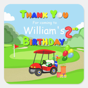 Vielen Dank, 2. Geburtstag Red Golf Cart Boy's Quadratischer Aufkleber
